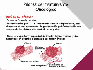 Pilares del tratamiento
Oncológico
¿QUÉ ES EL CÀNCER?
•Es una enfermedad celular.
•Se caracteriza por el crecimiento celul...