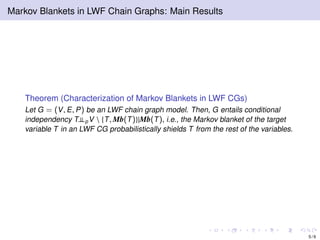 Markov Blankets in LWF Chain Graphs: Main Results
Theorem (Characterization of Markov Blankets in LWF CGs)
Let G = (V, E, P) be an LWF chain graph model. Then, G entails conditional
independency T⊥⊥pV  {T, Mb(T)}|Mb(T), i.e., the Markov blanket of the target
variable T in an LWF CG probabilistically shields T from the rest of the variables.
5 / 9
 