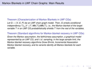 Markov Blankets in LWF Chain Graphs: Main Results
Theorem (Characterization of Markov Blankets in LWF CGs)
Let G = (V, E, P) be an LWF chain graph model. Then, G entails conditional
independency T⊥⊥pV  {T, Mb(T)}|Mb(T), i.e., the Markov blanket of the target
variable T in an LWF CG probabilistically shields T from the rest of the variables.
Theorem (Standard algorithms for Markov blanket recovery in LWF CGs)
Given the Markov assumption, the faithfulness assumption, a graphical model
represented by an LWF CG, and i.i.d. sampling, in the large sample limit, the
Markov blanket recovery algorithms Grow-Shrink, Incremental Association
Markov blanket recovery, and its variants identify all Markov blankets for each
variable.
5 / 9
 
