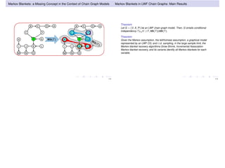 Markov Blankets: a Missing Concept in the Context of Chain Graph Models
H
B
J
ADE
FC
I
OM N
K L
GT H
B
J
ADE
FC
I
OM N
K L
GT𝑴𝒃(𝑇)
4 / 9
Markov Blankets in LWF Chain Graphs: Main Results
Theorem
Let G = (V, E, P) be an LWF chain graph model. Then, G entails conditional
independency T⊥⊥pV  {T, Mb(T)}|Mb(T).
Theorem
Given the Markov assumption, the faithfulness assumption, a graphical model
represented by an LWF CG, and i.i.d. sampling, in the large sample limit, the
Markov blanket recovery algorithms Grow-Shrink, Incremental Association
Markov blanket recovery, and its variants identify all Markov blankets for each
variable.
5 / 9
 