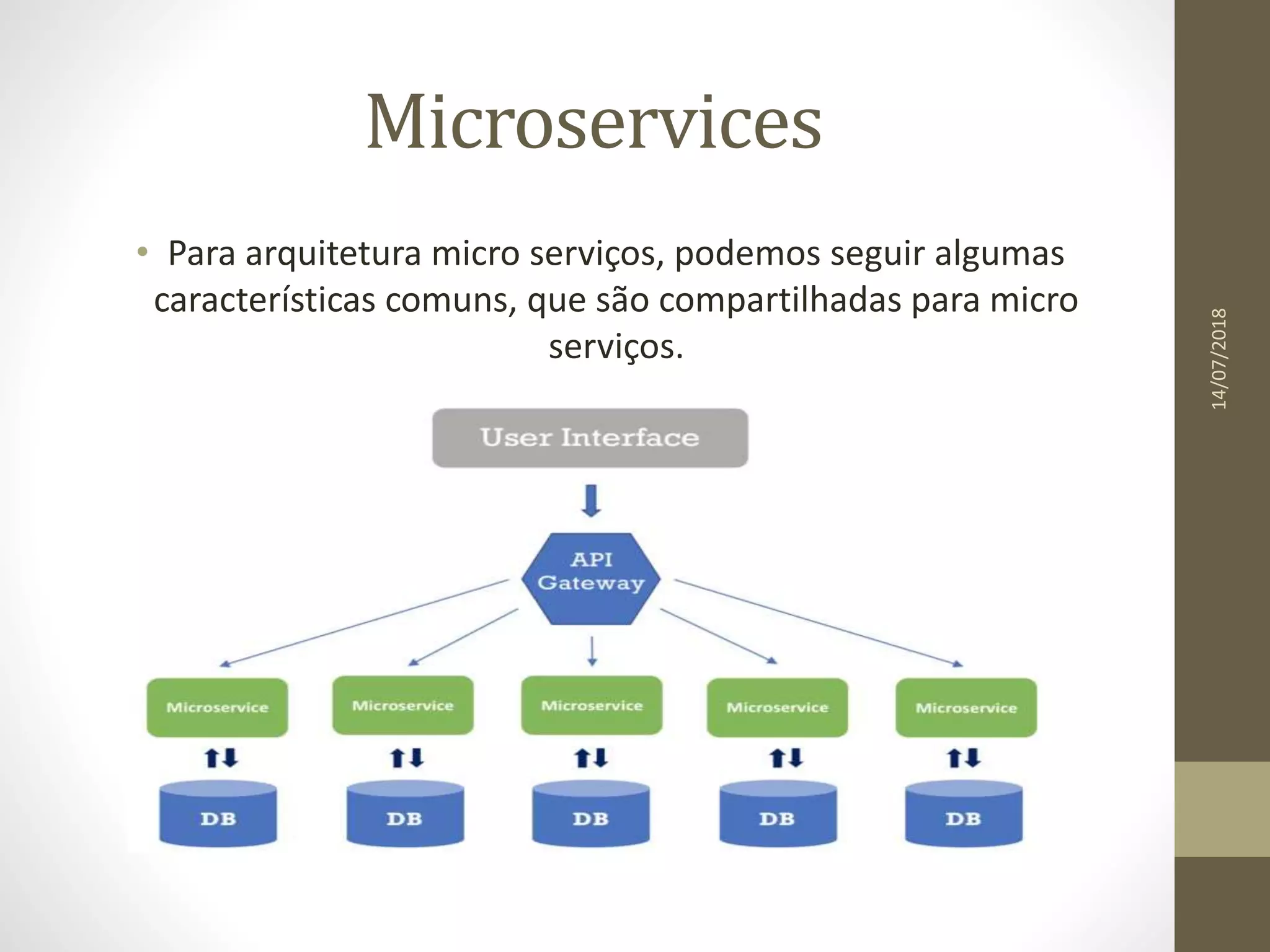 Microservices
• Para arquitetura micro serviços, podemos seguir algumas
características comuns, que são compartilhadas para micro
serviços.
14/07/2018
 