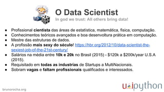 brunorocha.org
O Data Scientist
In god we trust: All others bring data!
● Profissional cientista das áreas de estatística, matemática, fisica, computação.
● Conhecimentos teóricos avançados e boa desenvoltura prática em computação.
● Mestre das estruturas de dados.
● A profissão mais sexy do século! https://hbr.org/2012/10/data-scientist-the-
sexiest-job-of-the-21st-century/
● Salários na média entre 10k e 20k no Brasil (2015) - $120k a $200k/year U.S.A
(2015).
● Requisitado em todas as industrias de Startups a MultiNacionais.
● Sobram vagas e faltam profissionais qualificados e interessados.
 