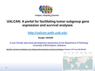 UALCAN: A portal for facilitating tumor subgroup gene
expression and survival analyses
http://ualcan.path.uab.edu
A user friendly web portal developed by researchers at the Department of Pathology
University of Birmingham, Alabama
Google: UALCAN
UALCAN: A Portal for Facilitating Tumor Subgroup Gene Expression and Survival Analyses. Neoplasia, 2017 Aug;19(8):649-658
 