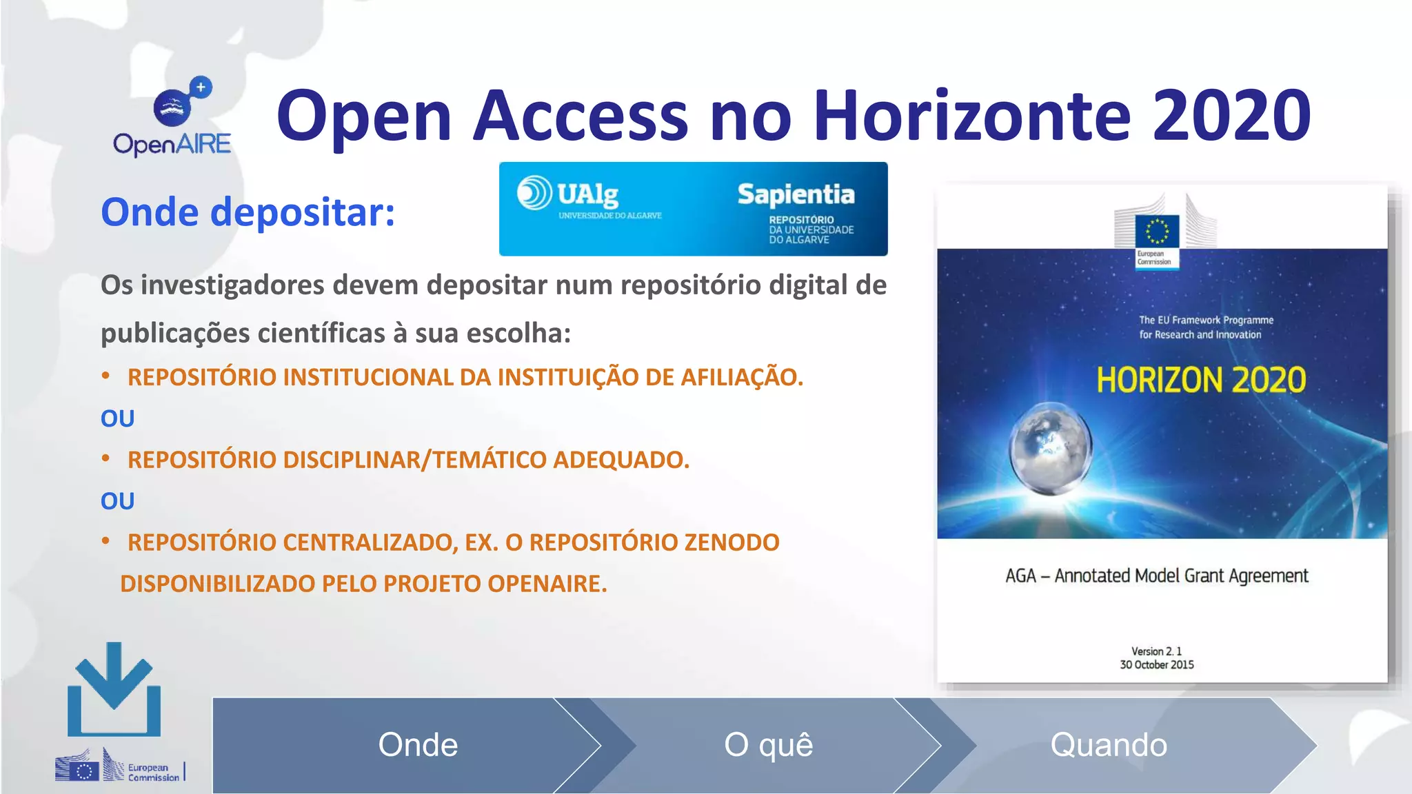 Open Access no Horizonte 2020
Onde depositar:
Os investigadores devem depositar num repositório digital de
publicações científicas à sua escolha:
• REPOSITÓRIO INSTITUCIONAL DA INSTITUIÇÃO DE AFILIAÇÃO.
OU
• REPOSITÓRIO DISCIPLINAR/TEMÁTICO ADEQUADO.
OU
• REPOSITÓRIO CENTRALIZADO, EX. O REPOSITÓRIO ZENODO
DISPONIBILIZADO PELO PROJETO OPENAIRE.
Onde O quê Quando
 