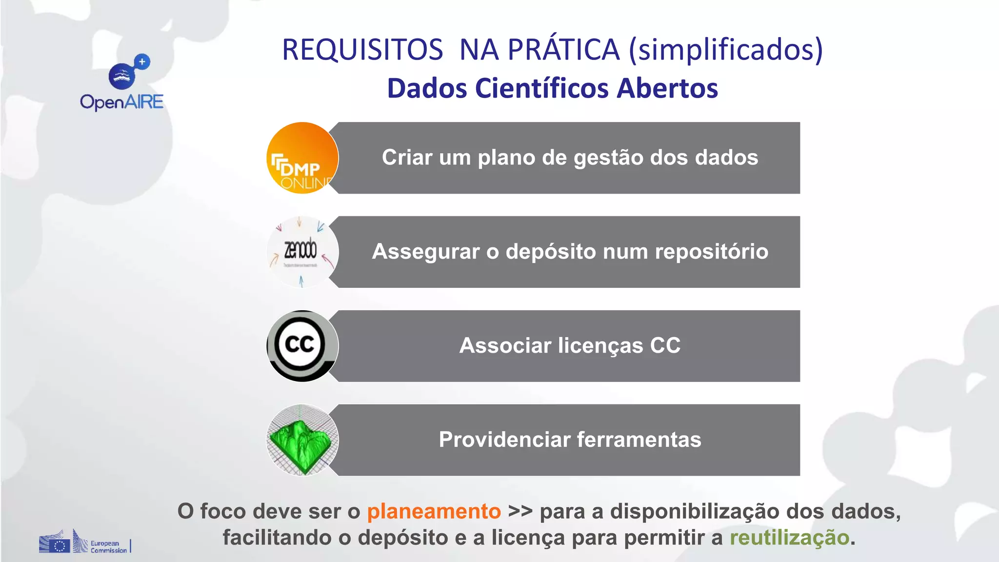 REQUISITOS NA PRÁTICA (simplificados)
Dados Científicos Abertos
Criar um plano de gestão dos dados
Assegurar o depósito num repositório
Associar licenças CC
Providenciar ferramentas
O foco deve ser o planeamento >> para a disponibilização dos dados,
facilitando o depósito e a licença para permitir a reutilização.
 