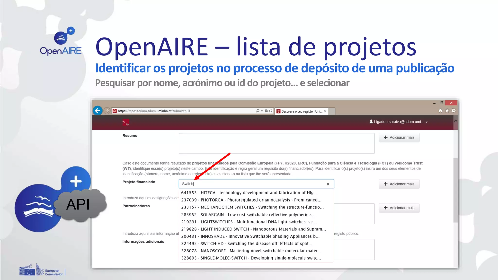 Identificar os projetos no processo de depósito de uma publicação
Pesquisar por nome,acrónimoou id do projeto… e selecionar
OpenAIRE – lista de projetos
API
 