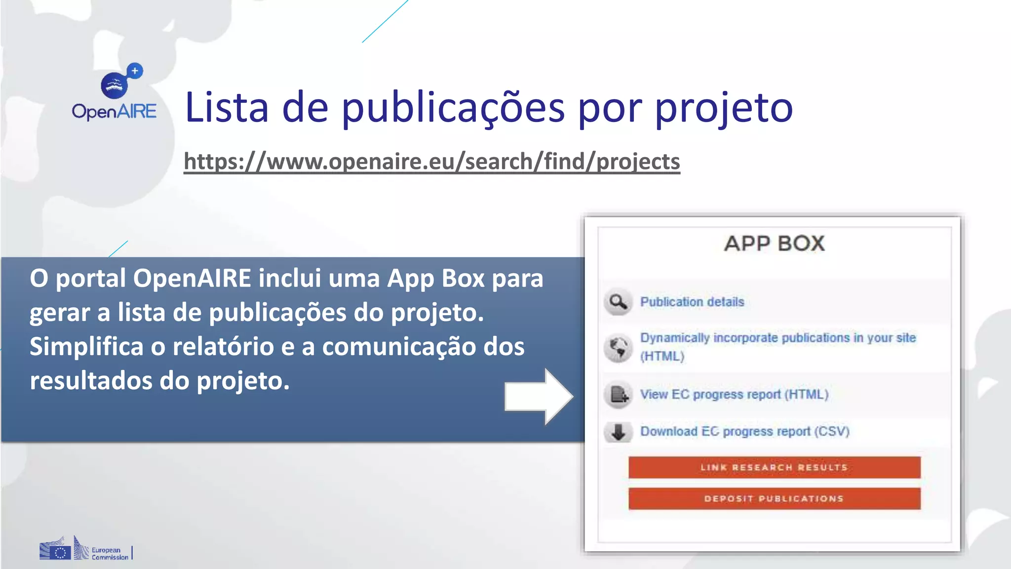 Lista de publicações por projeto
https://www.openaire.eu/search/find/projects
O portal OpenAIRE inclui uma App Box para
gerar a lista de publicações do projeto.
Simplifica o relatório e a comunicação dos
resultados do projeto.
 
