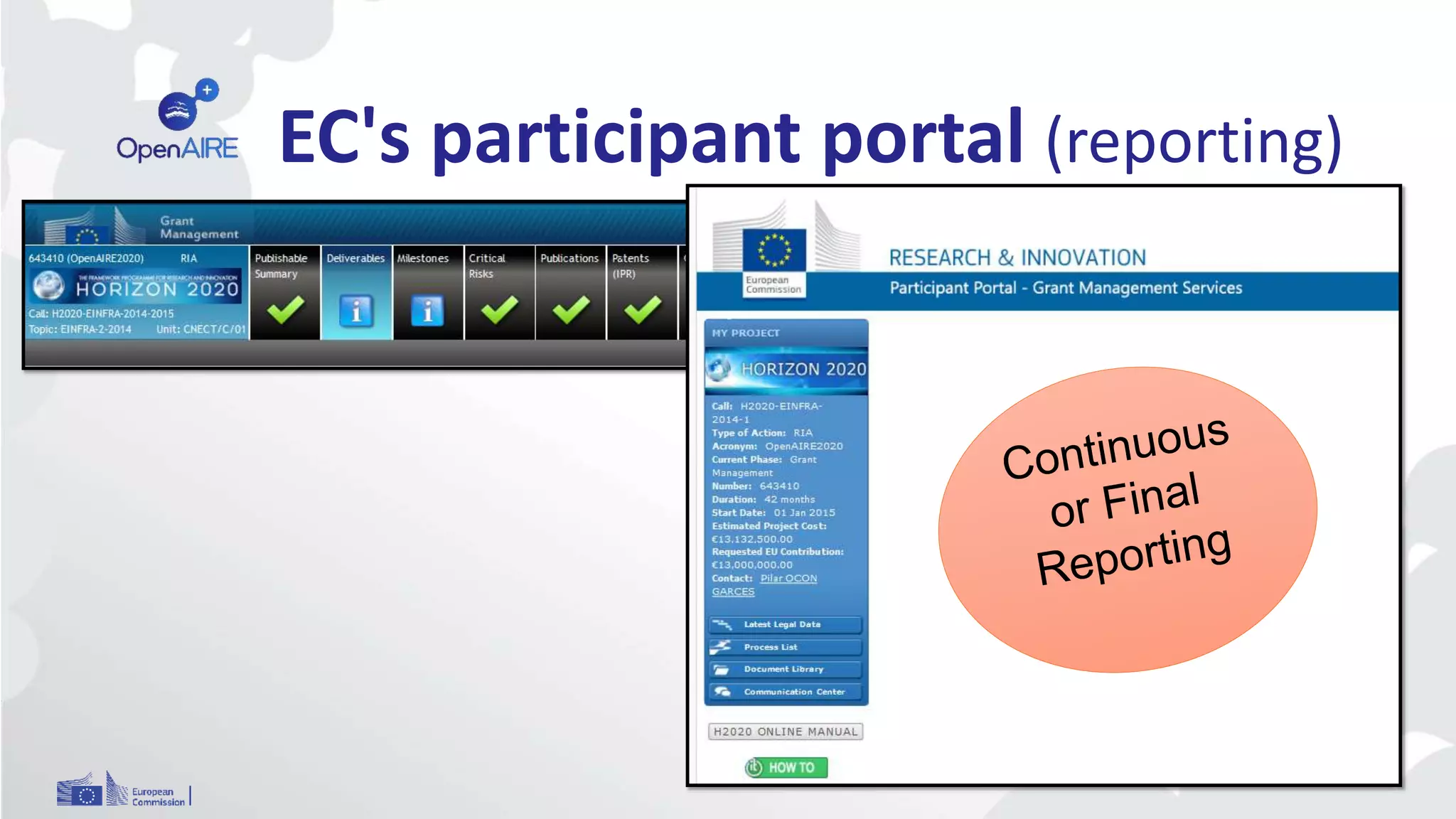EC's participant portal (reporting)
 