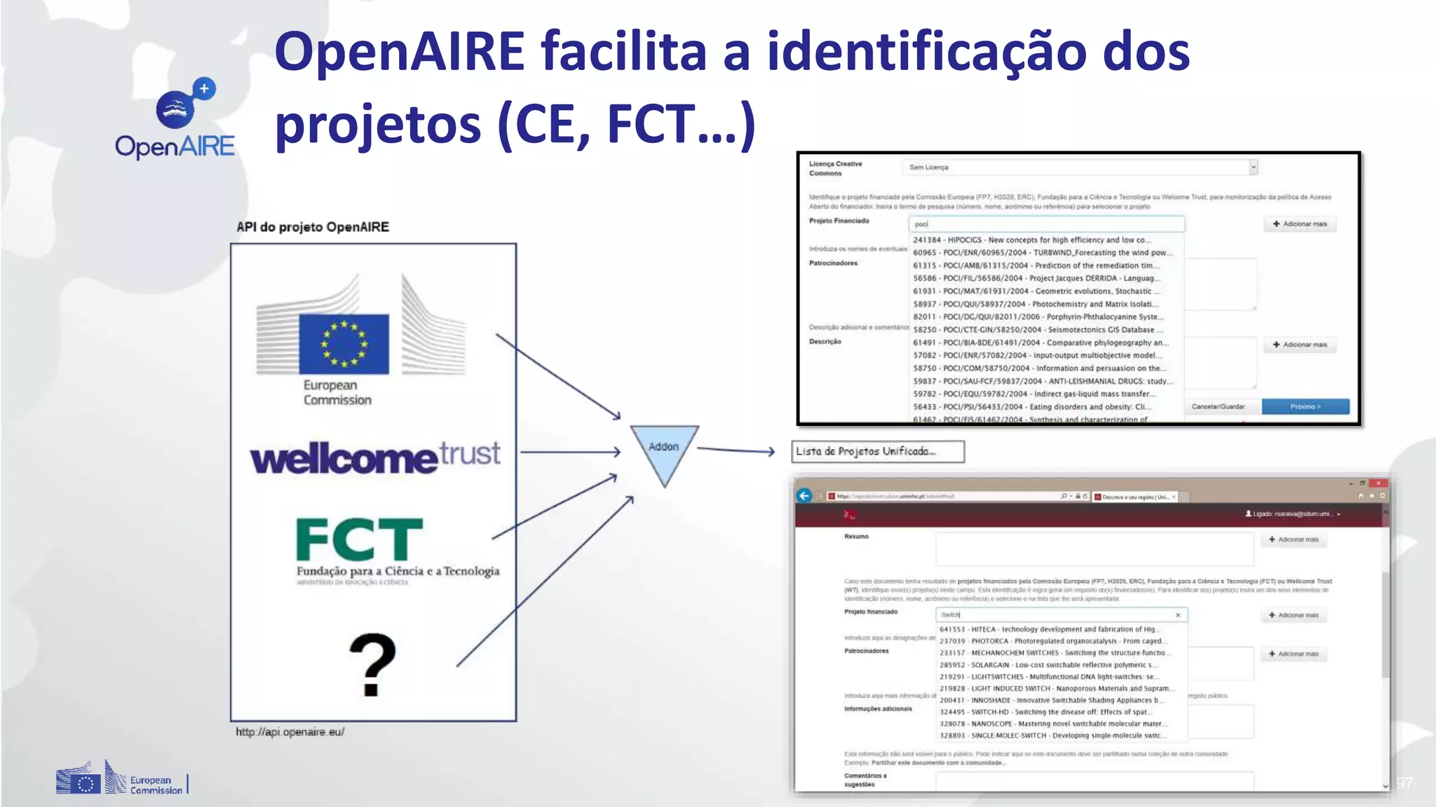 OpenAIRE facilita a identificação dos
projetos (CE, FCT…)
97
 