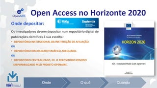 Open Access no Horizonte 2020
O que depositar:
UMA CÓPIA LEGÍVEL POR MÁQUINA DA VERSÃO PUBLICADA
 versão final do editor,...