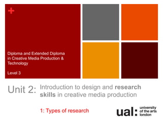 +
Introduction to design and research
skills in creative media production
1: Types of research
Unit 2:
Diploma and Extended Diploma
in Creative Media Production &
Technology
Level 3
 