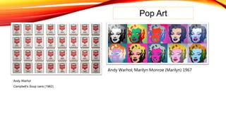 Pop Art
Andy Warhol
Campbell’s Soup cans (1962)
Andy Warhol, Marilyn Monroe (Marilyn) 1967
 