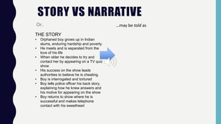 STORY VS NARRATIVE
Or..
THE STORY
• Orphaned boy grows up in Indian
slums, enduring hardship and poverty.
• He meets and is separated from the
love of his life
• When older he decides to try and
contact her by appearing on a TV quiz
show
• His success on the show leads
authorities to believe he is cheating.
• Boy is interrogated and tortured
• Boy tells police officer his back story,
explaining how he knew answers and
his motive for appearing on the show
• Boy returns to show where he is
successful and makes telephone
contact with his sweetheart
…may be told as
 