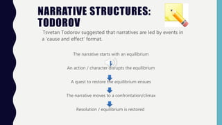 NARRATIVE STRUCTURES:
TODOROV
Tsvetan Todorov suggested that narratives are led by events in
a ‘cause and effect’ format.
The narrative starts with an equilibrium
An action / character disrupts the equilibrium
A quest to restore the equilibrium ensues
The narrative moves to a confrontation/climax
Resolution / equilibrium is restored
 
