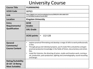 University Course
Course Title FILMMAKING
UCAS Code WP63
Link https://digital.ucas.com/coursedisplay/courses/9636147e-dfc4-abb0-5237-
41c7e870d64a?academicYearId=2022
Location Kingston University
Entry
Requirements/
Qualification
GCSE
Grades
UAL Grade
UCAS points • 112-128
General
Comments/
Course Content
• explore practical filmmaking and develop a range of skills to work professionally
in film.
• Through group and individual projects, you’ll create films and pitches and gain
practical production knowledge in the fields of fiction, documentary and artists
film.
• study film histories, the directing of actors, studio and location work, running a
set, production, post-production, lighting and cinematography, sound recording
and design.
Rating/Suitability
(0-10> 10 Being
Most Suitable)
 
