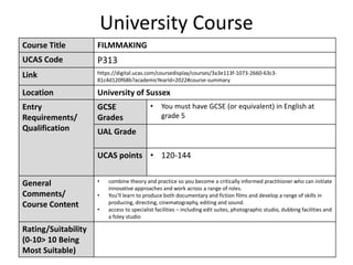 University Course
Course Title FILMMAKING
UCAS Code P313
Link https://digital.ucas.com/coursedisplay/courses/3a3e113f-1073-2660-63c3-
81c4d120f68b?academicYearId=2022#course-summary
Location University of Sussex
Entry
Requirements/
Qualification
GCSE
Grades
• You must have GCSE (or equivalent) in English at
grade 5
UAL Grade
UCAS points • 120-144
General
Comments/
Course Content
• combine theory and practice so you become a critically informed practitioner who can initiate
innovative approaches and work across a range of roles.
• You'll learn to produce both documentary and fiction films and develop a range of skills in
producing, directing, cinematography, editing and sound.
• access to specialist facilities – including edit suites, photographic studio, dubbing facilities and
a foley studio
Rating/Suitability
(0-10> 10 Being
Most Suitable)
 