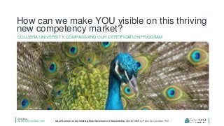 @collibra
university.collibra.com UALR Lecture on Automating Data Governance & Stewardship, Oct. 21 2015 by Pieter De Leenheer, PhD
How can we make YOU visible on this thriving
new competency market?
COLLIBRA UNIVERSITY, COMPASS AND OUR CERTIFICATION PROGRAM
 