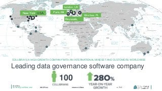 @collibra
university.collibra.com UALR Lecture on Automating Data Governance & Stewardship, Oct. 21 2015 by Pieter De Leenheer, PhD
Leading data governance software company
COLLIBRA IS A HIGH-GROWTH COMPANY WITH AN INTERNATIONAL MINDSET AND CUSTOMERS WORLDWIDE
New York, USA
London, UK
Wroclaw, PL
Brussels, BE
(HQ)
New York, USA
London, UK
Wroclaw, PL
Brussels,
BE
Paris, FR
100
 