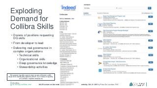 @collibra
university.collibra.com UALR Lecture on Automating Data Governance & Stewardship, Oct. 21 2015 by Pieter De Leenheer, PhD
Exploding
Demand for
Collibra Skills
• Dozens of positions requesting
DG skills
• From developer to lead
• Delivering real governance in
complex organizations
• Technical skills
• Organizational skills
• Deep governance knowledge
• Stewardship activities
Empowering data governance practitioners with
objective standard against which to measure quality
of Collibra implementations
 