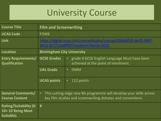 University Course
Course Title Film and Screenwriting
UCAS Code P3W8
Link https://digital.ucas.com/coursedisplay/courses/0dda950f-de05-460f-
b412-9c7711e89f5f?academicYearId=2020
Location Birmingham City University
Entry Requirements/
Qualification
GCSE Grades • grade 4 GCSE English Language Must have been
achieved at the point of enrolment.
UAL Grade • DMM
UCAS points • 112 points
General Comments/
Course Content
• This cutting edge new BA programme will develop your skills across
key film studies and screenwriting debates and conventions.
Rating/Suitability (0-
10> 10 Being Most
Suitable)
8
 