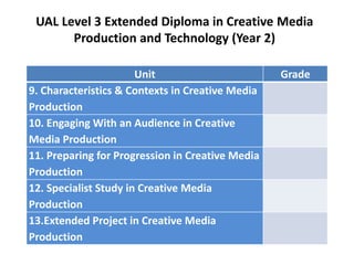 UAL Level 3 Extended Diploma in Creative Media
Production and Technology (Year 2)
Unit Grade
9. Characteristics & Contexts in Creative Media
Production
10. Engaging With an Audience in Creative
Media Production
11. Preparing for Progression in Creative Media
Production
12. Specialist Study in Creative Media
Production
13.Extended Project in Creative Media
Production
 