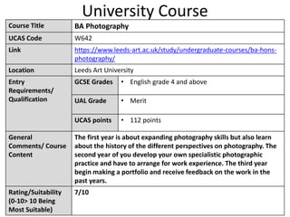 University Course
Course Title BA Photography
UCAS Code W642
Link https://www.leeds-art.ac.uk/study/undergraduate-courses/ba-hons-
photography/
Location Leeds Art University
Entry
Requirements/
Qualification
GCSE Grades • English grade 4 and above
UAL Grade • Merit
UCAS points • 112 points
General
Comments/ Course
Content
The first year is about expanding photography skills but also learn
about the history of the different perspectives on photography. The
second year of you develop your own specialistic photographic
practice and have to arrange for work experience. The third year
begin making a portfolio and receive feedback on the work in the
past years.
Rating/Suitability
(0-10> 10 Being
Most Suitable)
7/10
 