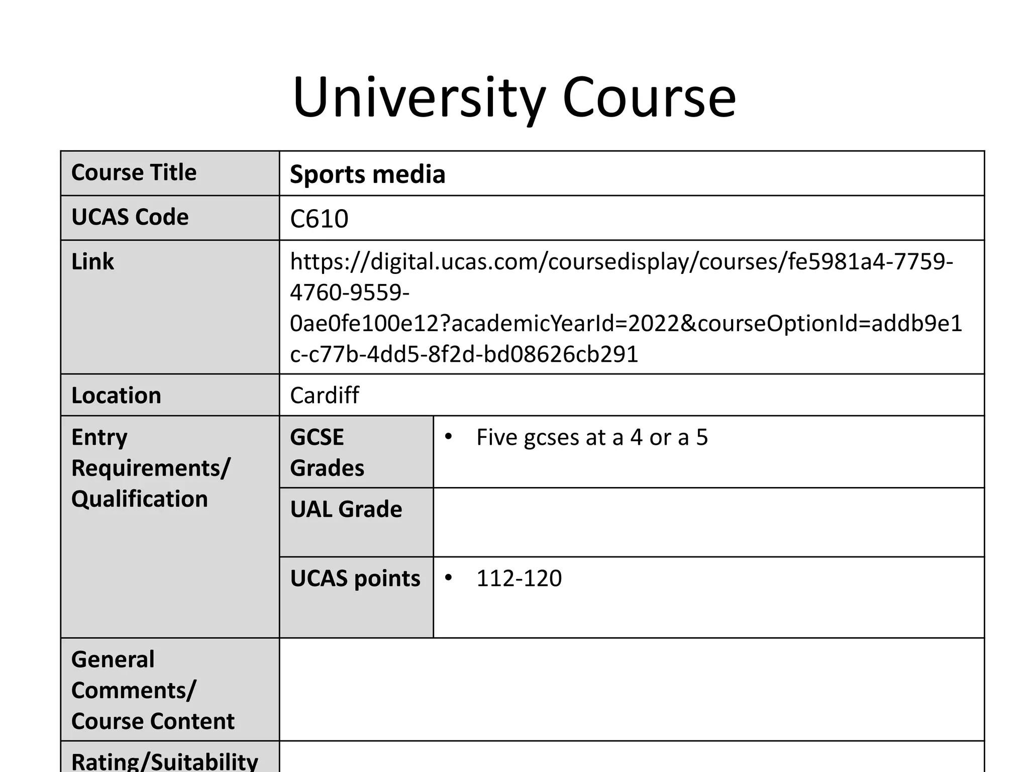 University Course
Course Title Sports media
UCAS Code C610
Link https://digital.ucas.com/coursedisplay/courses/fe5981a4-7759-
4760-9559-
0ae0fe100e12?academicYearId=2022&courseOptionId=addb9e1
c-c77b-4dd5-8f2d-bd08626cb291
Location Cardiff
Entry
Requirements/
Qualification
GCSE
Grades
• Five gcses at a 4 or a 5
UAL Grade
UCAS points • 112-120
General
Comments/
Course Content
Rating/Suitability
 
