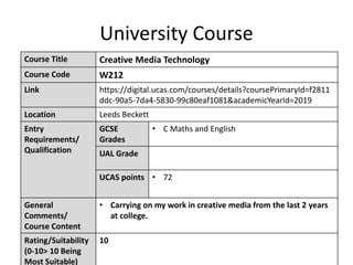 University Course
Course Title Creative Media Technology
Course Code W212
Link https://digital.ucas.com/courses/details?coursePrimaryId=f2811
ddc-90a5-7da4-5830-99c80eaf1081&academicYearId=2019
Location Leeds Beckett
Entry
Requirements/
Qualification
GCSE
Grades
• C Maths and English
UAL Grade
UCAS points • 72
General
Comments/
Course Content
• Carrying on my work in creative media from the last 2 years
at college.
Rating/Suitability
(0-10> 10 Being
Most Suitable)
10
 