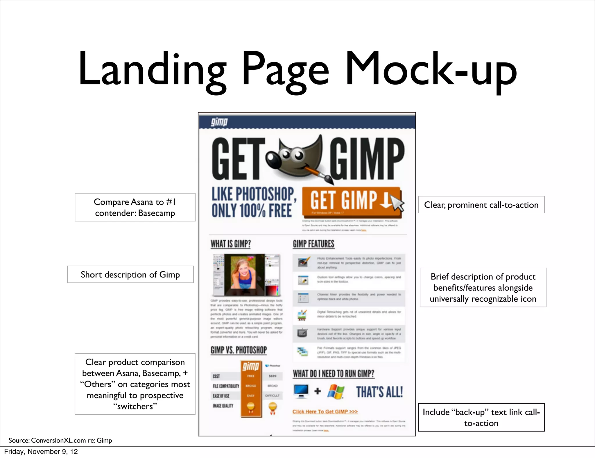 Landing Page Mock-up

                            Compare Asana to #1        Clear, prominent call-to-action
                            contender: Basecamp




                         Short description of Gimp      Brief description of product
                                                         beneﬁts/features alongside
                                                        universally recognizable icon




                           Clear product comparison
                          between Asana, Basecamp, +
                         “Others” on categories most
                           meaningful to prospective
                                  “switchers”
                                                       Include “back-up” text link call-
                                                                  to-action
 Source: ConversionXL.com re: Gimp
Friday, November 9, 12
 