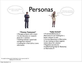 “Isn’t there a more efﬁcient
                         way to do this?”                          Personas                           “Someone, something
                                                                                                    save me from Basecamp.”




                                           “Timmy Taskaroni”                        “Sally Switch”
                                      • Manages projects with a team       • Frustrated Basecamp or
                                      • In the discovery or research       Alternative X user looking for a
                                      phase for a solution                 better solution to test
                                      • Seeking evaluate a good task       • Current Basecamp or Alternative
                                      management solution                  X user looking to leave negative
                                      • Looking for a free trial or more   review about her solution
                                      information                          • Regularly searches for
                                                                           troubleshooting help for Basecamp
                                                                           or Alternative X




 You might be wondering how “Sally Switch” can be a persona when I’m
                   targeting men. It’s 2012, chief.

Friday, November 9, 12
 