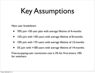Key Assumptions
                    New user breakdown

                         •   70% join <30 user plan with average lifetime of 4-months

                         •   15% join with >50 users with average lifetime of 8-months

                         •   10% join with >75 users with average lifetime of 12-months

                         •   5% join with >100 users with average lifetime of 14-months
                    Free-to-paying-user conversion rate is 2% for ﬁrst-timers, 10%
                    for switchers




Friday, November 9, 12
 