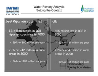 Water-Poverty Analysis
                       Setting the Context


IGB Riparian countries             IGB

• 1.3 billion people in IGB        • 605 million live in IGB in
  riparian countries in 2000         2000

   – 29% or 380 million are poor      – 32% or 191 million are poor


• 72% or 942 million in rural      • 75% or 454 million in rural
  areas in 2000                      areas in 2000

   – 36% or 340 million are poor      – 33% or 151 million are poor
 