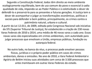 Segundo a Constituição Federal, todos têm direito ao meio ambiente
ecologicamente equilibrado, bem de uso comum do povo e essencial à sadia
qualidade de vida, impondo-se ao Poder Público e à coletividade o dever de
defendê-lo e preservá-lo para as presentes e futuras gerações. A Justiça tem o
dever de acompanhar e julgar as transformações econômicas, políticas e
sociais para defender o bem público, principalmente, os crimes contra o
patrimônio natural, urbano e cultural.
A partir da Lei 12.011, de 2009, editada pelo Congresso Nacional sob iniciativa
do STJ (Superior Tribunal de Justiça), foi estabelecido a criação de 230 novas
Varas Federais de 2010 a 2014, uma média de 46 novas varas a cada ano. Essas
novas varas são especializadas em crimes ambientais, com autoridade para
julgar processos que envolvam a União, empresas públicas, fundação ou
autarquia federal.
No outro lado, no banco do réus, o processo pode envolver pessoas
físicas, jurídicas e o próprio poder público em casos de crimes
ambientais, danos e omissões. No ano de 2010, a Vara Federal Ambiental e
Agrária de Belém iniciou suas atividades com cerca de 3.500 processos que
antes tramitavam em outras Varas Federais do estado.

 