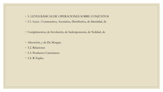 ◦ 5. LEYES BÁSICAS DE OPERACIONES SOBRE CONJUNTOS
◦ 5.1. Leyes : Conmutativa, Asociativa, Distributiva, de Identidad, de
◦ Complementos, de Involución, de Indempotencia, de Nulidad, de
◦ Absorción, y de De Morgan.
◦ 5.2. Relaciones
◦ 5.3. Productos Cartesianos.
◦ 5.4. R-Tuplas.
 