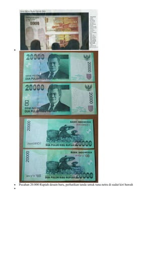 Pecahan 20.000 Rupiah desain baru, perhatikan tanda untuk tuna netra di sudut kiri bawah
 