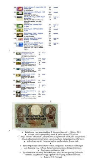 Pada lelang yang akan diadakan di Singapore tanggal 14 Oktober 2011
         terdapat satu lot yang cukup menarik, yaitu wayang 200 gulden
Harga estimasi sekitar Rp.7 juta (S$1000). Sangat murah untuk jenis uang tersebut
 Apakah ada diantara teman-teman yang mengetahui mengapa estimasi harganya
        sedemikian murah? Harap perhatikan gambar di atas dengan baik.

  Ternyata pendapat teman2 benar semua, uang di atas merupakan sambungan
   dari dua uang yang berbeda. Tetapi karena dikerjakan dengan teliti maka
                           hasilnya menjadi sangat baik.
  Kejadian seperti ini sering ditemukan pada uang2 korban gunting Sjafruddin,
     terutama yang bernilai tinggi seperti Coen/wayang pecahan besar atau
                               Federal 25 G (orange)
 