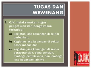 1. OJK melaksanakan tugas
pengaturan dan pengawasan
terhadap:
a) kegiatan jasa keuangan di sektor
perbankan;
b) Kegiatan jasa keuangan di sektor
pasar modal; dan
c) kegiatan jasa keuangan di sektor
perasuransian, dana pensiun,
lembaga pembiayaan, dan lembaga
jasa keuangan lainnya
TUGAS DAN
WEWENANG
 