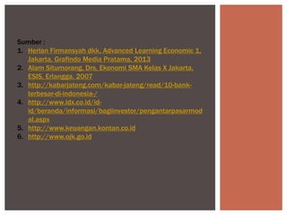 Sumber :
1. Herlan Firmansyah dkk, Advanced Learning Economic 1,
Jakarta, Grafindo Media Pratama, 2013
2. Alam Situmorang, Drs, Ekonomi SMA Kelas X Jakarta,
ESIS, Erlangga, 2007
3. http://kabarjateng.com/kabar-jateng/read/10-bank-
terbesar-di-indonesia-/
4. http://www.idx.co.id/id-
id/beranda/informasi/bagiinvestor/pengantarpasarmod
al.aspx
5. http://www.keuangan.kontan.co.id
6. http://www.ojk.go.id
 