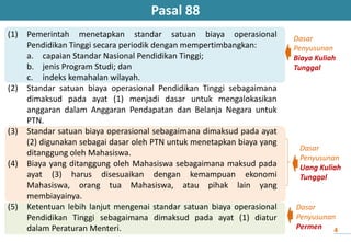 Pasal 88
(1) Pemerintah menetapkan standar satuan biaya operasional
Pendidikan Tinggi secara periodik dengan mempertimbangkan:
a. capaian Standar Nasional Pendidikan Tinggi;
b. jenis Program Studi; dan
c. indeks kemahalan wilayah.
(2) Standar satuan biaya operasional Pendidikan Tinggi sebagaimana
dimaksud pada ayat (1) menjadi dasar untuk mengalokasikan
anggaran dalam Anggaran Pendapatan dan Belanja Negara untuk
PTN.
(3) Standar satuan biaya operasional sebagaimana dimaksud pada ayat
(2) digunakan sebagai dasar oleh PTN untuk menetapkan biaya yang
ditanggung oleh Mahasiswa.
(4) Biaya yang ditanggung oleh Mahasiswa sebagaimana maksud pada
ayat (3) harus disesuaikan dengan kemampuan ekonomi
Mahasiswa, orang tua Mahasiswa, atau pihak lain yang
membiayainya.
(5) Ketentuan lebih lanjut mengenai standar satuan biaya operasional
Pendidikan Tinggi sebagaimana dimaksud pada ayat (1) diatur
dalam Peraturan Menteri. 4
Dasar
Penyusunan
Biaya Kuliah
Tunggal
Dasar
Penyusunan
Uang Kuliah
Tunggal
Dasar
Penyusunan
Permen
 