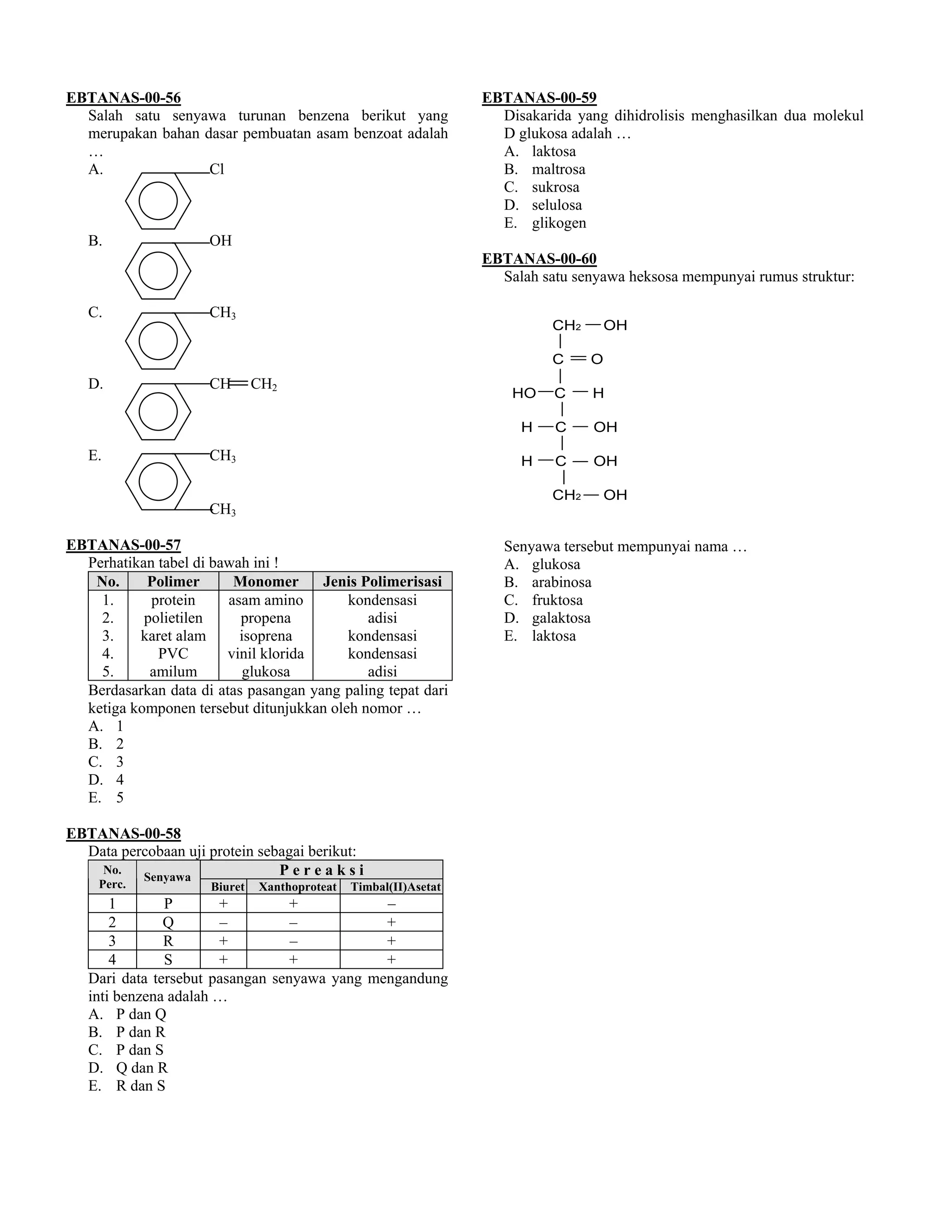 EBTANAS-00-56                                                    EBTANAS-00-59
  Salah satu senyawa turunan benzena berikut yang                  Disakarida yang dihidrolisis menghasilkan dua molekul
  merupakan bahan dasar pembuatan asam benzoat adalah              D glukosa adalah …
  …                                                                A. laktosa
  A.               Cl                                              B. maltrosa
                                                                   C. sukrosa
                                                                   D. selulosa
                                                                   E. glikogen
   B.                OH
                                                                 EBTANAS-00-60
                                                                   Salah satu senyawa heksosa mempunyai rumus struktur:

   C.                CH3
                                                                           CH2       OH

                                                                           C     O
   D.                CH       CH2
                                                                     HO    C     H

                                                                      H    C     OH

   E.                CH3                                              H    C     OH

                                                                           CH2       OH
                     CH3

EBTANAS-00-57                                                       Senyawa tersebut mempunyai nama …
  Perhatikan tabel di bawah ini !                                   A. glukosa
   No.     Polimer       Monomer      Jenis Polimerisasi            B. arabinosa
    1.      protein     asam amino        kondensasi                C. fruktosa
    2.     polietilen     propena            adisi                  D. galaktosa
    3.    karet alam      isoprena        kondensasi                E. laktosa
    4.       PVC        vinil klorida     kondensasi
    5.      amilum         glukosa           adisi
  Berdasarkan data di atas pasangan yang paling tepat dari
  ketiga komponen tersebut ditunjukkan oleh nomor …
  A. 1
  B. 2
  C. 3
  D. 4
  E. 5

EBTANAS-00-58
  Data percobaan uji protein sebagai berikut:
    No.
          Senyawa               Pereaksi
    Perc.            Biuret   Xanthoproteat   Timbal(II)Asetat
       1       P       +          +           –
       2       Q       –          –           +
       3       R       +          –           +
       4       S       +          +           +
   Dari data tersebut pasangan senyawa yang mengandung
   inti benzena adalah …
   A. P dan Q
   B. P dan R
   C. P dan S
   D. Q dan R
   E. R dan S
 