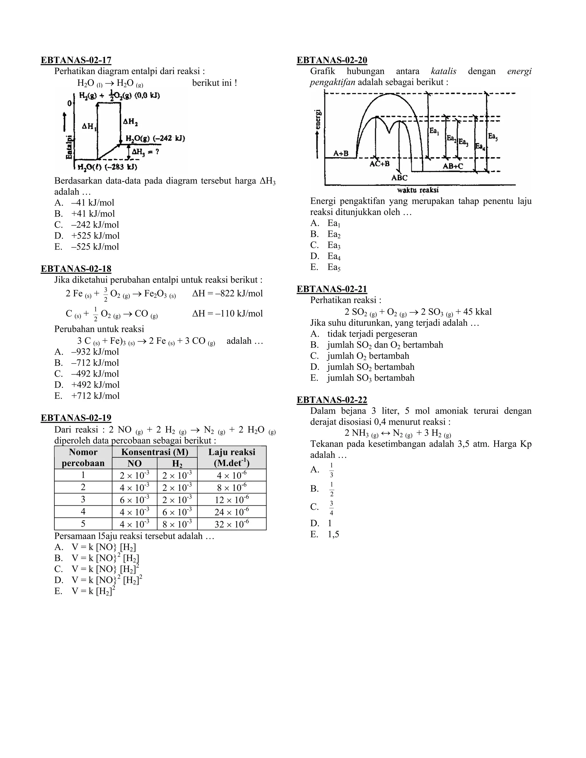 EBTANAS-02-17                                                       EBTANAS-02-20
  Perhatikan diagram entalpi dari reaksi :                            Grafik hubungan antara katalis            dengan    energi
       H2O (l) → H2O (g)              berikut ini !                   pengaktifan adalah sebagai berikut :




   Berdasarkan data-data pada diagram tersebut harga ∆H3
   adalah …
   A. –41 kJ/mol                                                       Energi pengaktifan yang merupakan tahap penentu laju
   B. +41 kJ/mol                                                       reaksi ditunjukkan oleh …
   C. –242 kJ/mol                                                      A. Ea1
   D. +525 kJ/mol                                                      B. Ea2
   E. –525 kJ/mol                                                      C. Ea3
                                                                       D. Ea4
EBTANAS-02-18                                                          E. Ea5
  Jika diketahui perubahan entalpi untuk reaksi berikut :
     2 Fe (s) + 3 O2 (g) → Fe2O3 (s)  ∆H = –822 kJ/mol              EBTANAS-02-21
                    2                                                 Perhatikan reaksi :
      C (s) +
                1
                    O2 (g) → CO (g)      ∆H = –110 kJ/mol                      2 SO2 (g) + O2 (g) → 2 SO3 (g) + 45 kkal
                2
                                                                      Jika suhu diturunkan, yang terjadi adalah …
   Perubahan untuk reaksi                                             A. tidak terjadi pergeseran
        3 C (s) + Fe)3 (s) → 2 Fe (s) + 3 CO (g)   adalah …           B. jumlah SO2 dan O2 bertambah
   A. –932 kJ/mol                                                     C. jumlah O2 bertambah
   B. –712 kJ/mol                                                     D. jumlah SO2 bertambah
   C. –492 kJ/mol                                                     E. jumlah SO3 bertambah
   D. +492 kJ/mol
   E. +712 kJ/mol                                                   EBTANAS-02-22
                                                                      Dalam bejana 3 liter, 5 mol amoniak terurai dengan
EBTANAS-02-19                                                         derajat disosiasi 0,4 menurut reaksi :
  Dari reaksi : 2 NO (g) + 2 H2 (g) → N2 (g) + 2 H2O          (g)              2 NH3 (g) ↔ N2 (g) + 3 H2 (g)
  diperoleh data percobaan sebagai berikut :                          Tekanan pada kesetimbangan adalah 3,5 atm. Harga Kp
      Nomor        Konsentrasi (M)       Laju reaksi                  adalah …
    percobaan        NO         H2         (M.det-1)                        1
                          -3         -3                                A.
         1         2 × 10     2 × 10         4 × 10-6                       3
                                                                            1
         2         4 × 10-3 2 × 10-3         8 × 10-6                  B.
                          -3         -3                                     2
         3         6 × 10     2 × 10       12 × 10-6                        3
                          -3         -3                                C.
         4         4 × 10     6 × 10       24 × 10-6                        4
                          -3         -3
         5         4 × 10     8 × 10       32 × 10-6                   D. 1
  Persamaan l5aju reaksi tersebut adalah …                             E. 1,5
  A. V = k [NO} [H2]
  B. V = k [NO}2 [H2]
  C. V = k [NO} [H2]2
  D. V = k [NO}2 [H2]2
  E. V = k [H2]2
 