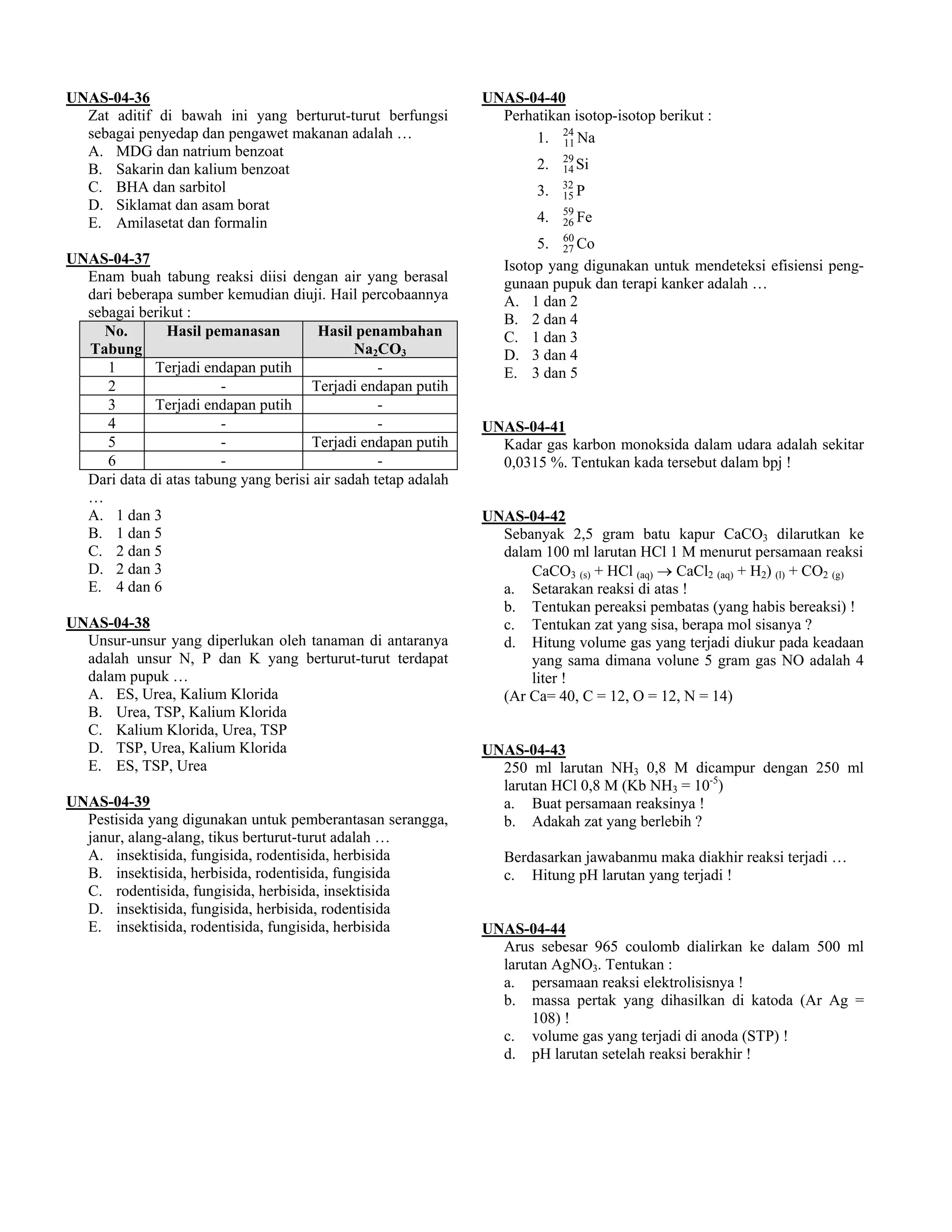 UNAS-04-36                                                      UNAS-04-40
  Zat aditif di bawah ini yang berturut-turut berfungsi           Perhatikan isotop-isotop berikut :
  sebagai penyedap dan pengawet makanan adalah …                       1. 24 Na
                                                                           11
  A. MDG dan natrium benzoat                                                 29
  B. Sakarin dan kalium benzoat                                         2.   14 Si
  C. BHA dan sarbitol                                                   3.   32
                                                                             15 P
  D. Siklamat dan asam borat                                                 59
  E. Amilasetat dan formalin                                            4.   26 Fe
                                                                             60
                                                                        5.   27 Co
UNAS-04-37                                                         Isotop yang digunakan untuk mendeteksi efisiensi peng-
  Enam buah tabung reaksi diisi dengan air yang berasal            gunaan pupuk dan terapi kanker adalah …
  dari beberapa sumber kemudian diuji. Hail percobaannya           A. 1 dan 2
  sebagai berikut :                                                B. 2 dan 4
    No.        Hasil pemanasan          Hasil penambahan           C. 1 dan 3
  Tabung                                      Na2CO3               D. 3 dan 4
     1       Terjadi endapan putih                -                E. 3 dan 5
     2                  -             Terjadi endapan putih
     3       Terjadi endapan putih                -
     4                  -                         -             UNAS-04-41
     5                  -             Terjadi endapan putih       Kadar gas karbon monoksida dalam udara adalah sekitar
     6                  -                         -               0,0315 %. Tentukan kada tersebut dalam bpj !
  Dari data di atas tabung yang berisi air sadah tetap adalah
  …
  A. 1 dan 3                                                    UNAS-04-42
  B. 1 dan 5                                                      Sebanyak 2,5 gram batu kapur CaCO3 dilarutkan ke
  C. 2 dan 5                                                      dalam 100 ml larutan HCl 1 M menurut persamaan reaksi
  D. 2 dan 3                                                          CaCO3 (s) + HCl (aq) → CaCl2 (aq) + H2) (l) + CO2 (g)
  E. 4 dan 6                                                      a. Setarakan reaksi di atas !
                                                                  b. Tentukan pereaksi pembatas (yang habis bereaksi) !
UNAS-04-38                                                        c. Tentukan zat yang sisa, berapa mol sisanya ?
  Unsur-unsur yang diperlukan oleh tanaman di antaranya           d. Hitung volume gas yang terjadi diukur pada keadaan
  adalah unsur N, P dan K yang berturut-turut terdapat                yang sama dimana volune 5 gram gas NO adalah 4
  dalam pupuk …                                                       liter !
  A. ES, Urea, Kalium Klorida                                     (Ar Ca= 40, C = 12, O = 12, N = 14)
  B. Urea, TSP, Kalium Klorida
  C. Kalium Klorida, Urea, TSP
  D. TSP, Urea, Kalium Klorida                                  UNAS-04-43
  E. ES, TSP, Urea                                                250 ml larutan NH3 0,8 M dicampur dengan 250 ml
                                                                  larutan HCl 0,8 M (Kb NH3 = 10-5)
UNAS-04-39                                                        a. Buat persamaan reaksinya !
  Pestisida yang digunakan untuk pemberantasan serangga,          b. Adakah zat yang berlebih ?
  janur, alang-alang, tikus berturut-turut adalah …
  A. insektisida, fungisida, rodentisida, herbisida                Berdasarkan jawabanmu maka diakhir reaksi terjadi …
  B. insektisida, herbisida, rodentisida, fungisida                c. Hitung pH larutan yang terjadi !
  C. rodentisida, fungisida, herbisida, insektisida
  D. insektisida, fungisida, herbisida, rodentisida
  E. insektisida, rodentisida, fungisida, herbisida             UNAS-04-44
                                                                  Arus sebesar 965 coulomb dialirkan ke dalam 500 ml
                                                                  larutan AgNO3. Tentukan :
                                                                  a. persamaan reaksi elektrolisisnya !
                                                                  b. massa pertak yang dihasilkan di katoda (Ar Ag =
                                                                       108) !
                                                                  c. volume gas yang terjadi di anoda (STP) !
                                                                  d. pH larutan setelah reaksi berakhir !
 