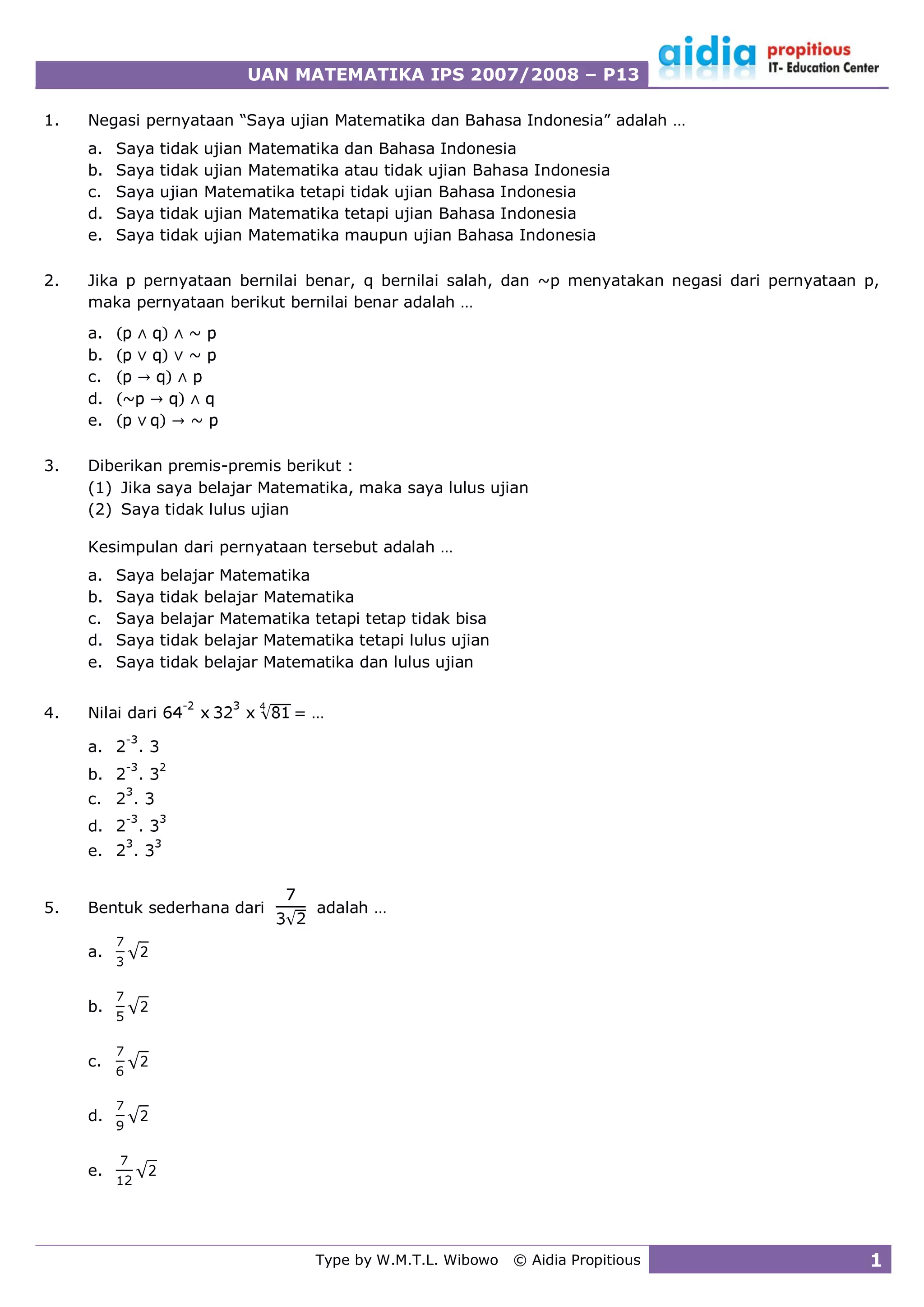 Soal UAN Mat SMA IPS 2007/2008 P13