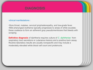 WINTERTemplate
DIAGNOSIS
•clinical manifestations :
•Sore throat, malaise, cervical lymphadenopathy, and low-grade fever
•Mild pharyngeal erythema typically progresses to areas of white exudate;
these coalesce to form an adherent gray pseudomembrane that bleeds with
scraping
Definitive diagnosis of diphtheria requires culture of C. diphtheriae from
respiratory tract secretions or cutaneous lesions and a positive toxin assay
Routine laboratory results are usually nonspecific and may include a
moderately elevated white blood cell count and proteinuria.
 