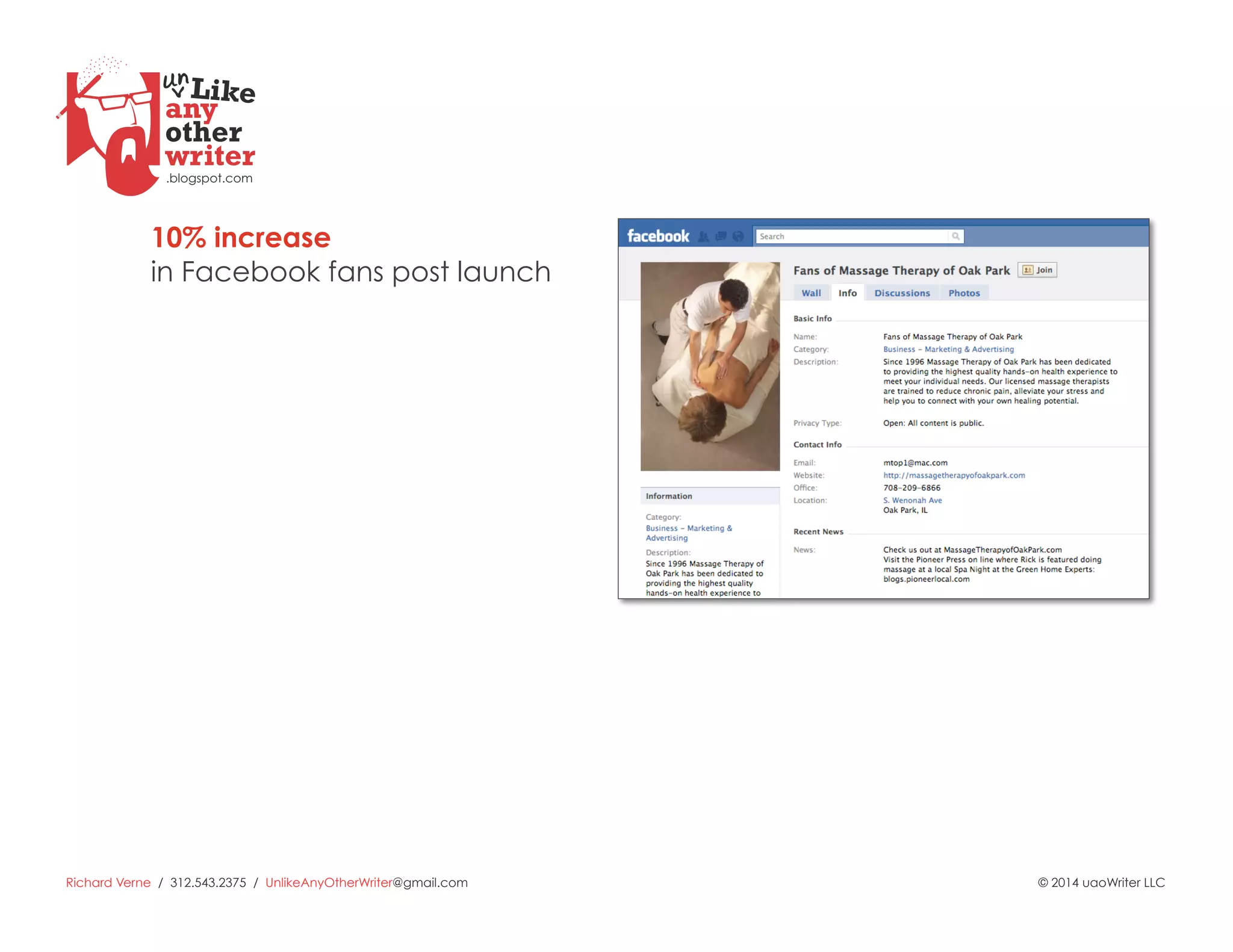 Richard Verne / 312.543.2375 / UnlikeAnyOtherWriter@gmail.com © 2014 uaoWriter LLC
10% increase
in Facebook fans post launch
 