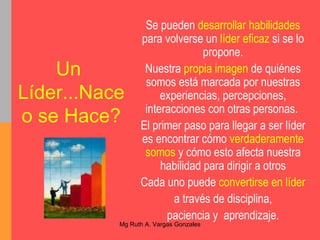 Un  Líder...Nace o se Hace? Se pueden  desarrollar habilidades  para volverse un  líder eficaz  si se lo propone. Nuestra  propia imagen  de quiénes somos está marcada por nuestras experiencias, percepciones, interacciones con otras personas.  El primer paso para llegar a ser líder es encontrar cómo  verdaderamente somos  y cómo esto afecta nuestra habilidad para dirigir a otros Cada uno puede  convertirse en líder a través de disciplina,  paciencia y  aprendizaje. 