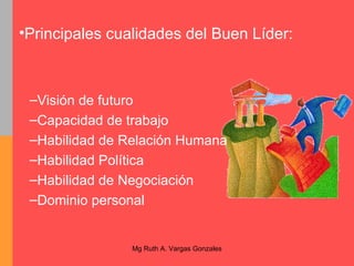 Principales cualidades del Buen Líder: Visión de futuro Capacidad de trabajo Habilidad de Relación Humana Habilidad Política Habilidad de Negociación Dominio personal 