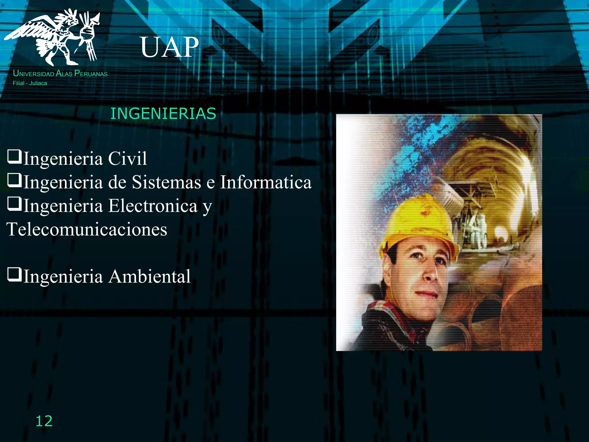 INGENIERIAS Ingenieria Civil Ingenieria de Sistemas e Informatica Ingenieria Electronica y Telecomunicaciones Ingenieria Ambiental  UAP U NIVERSIDAD  A LAS  P ERUANAS Filial - Juliaca 