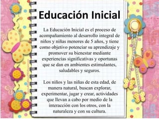 Educación Inicial
La Educación Inicial es el proceso de
acompañamiento al desarrollo integral de
niños y niñas menores de 5 años, y tiene
como objetivo potenciar su aprendizaje y
promover su bienestar mediante
experiencias significativas y oportunas
que se dan en ambientes estimulantes,
saludables y seguros.
Los niños y las niñas de esta edad, de
manera natural, buscan explorar,
experimentar, jugar y crear, actividades
que llevan a cabo por medio de la
interacción con los otros, con la
naturaleza y con su cultura.
 