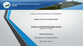 ESCEULA DE INGENIERIA Y TECNOLOGIA
ORIENTACION UNIVERCITARIA
WILSON ANTONIO HERNANDEZ BUENO
Matricula- 16-10049
TRABAJO FIANAL
PROFESORA: ELIZABETH FILPO
SEECCION- GV76-1
 